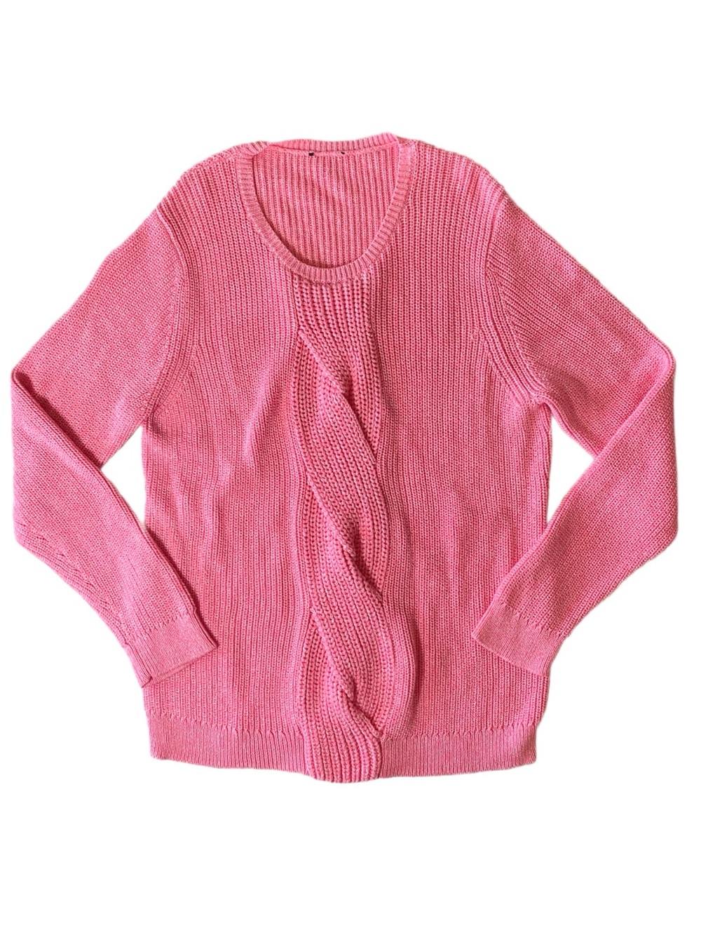 Talbots Marled Bright Pink Braided Cable Knit Chunky Sweater Ribbed Crewneck